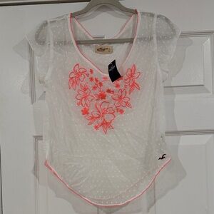 Hollister White Sheer Dot Blouse with Neon Coral Floral Embroidery
